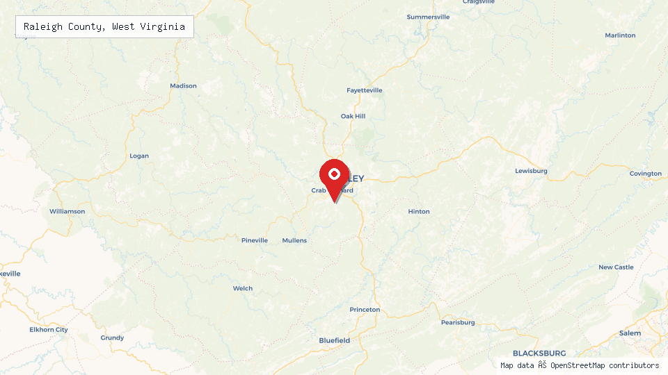 Street map of Raleigh County, West Virginia with location pin