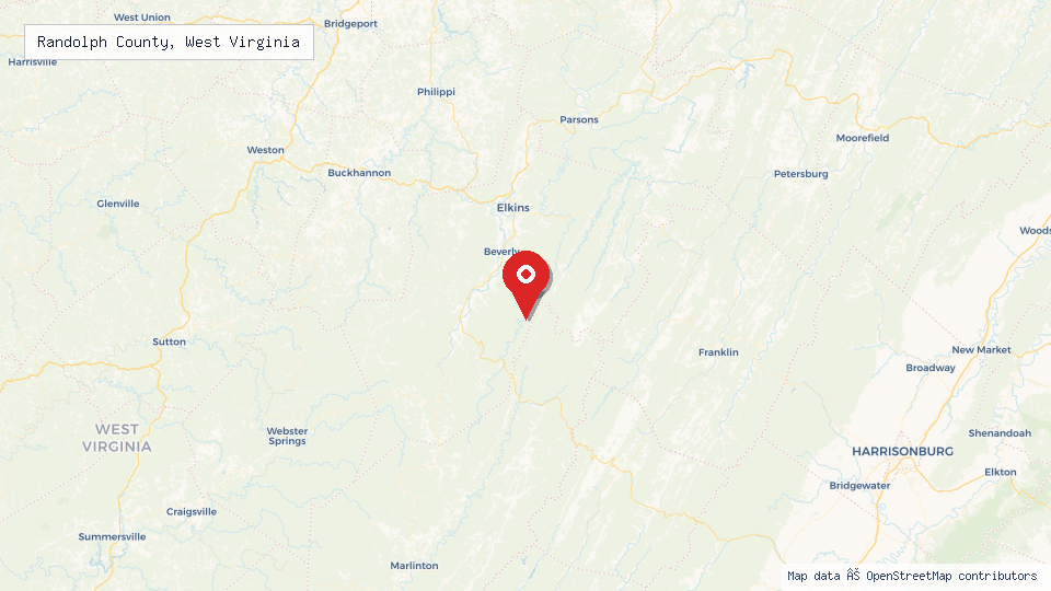Street map of Randolph County, West Virginia with location pin