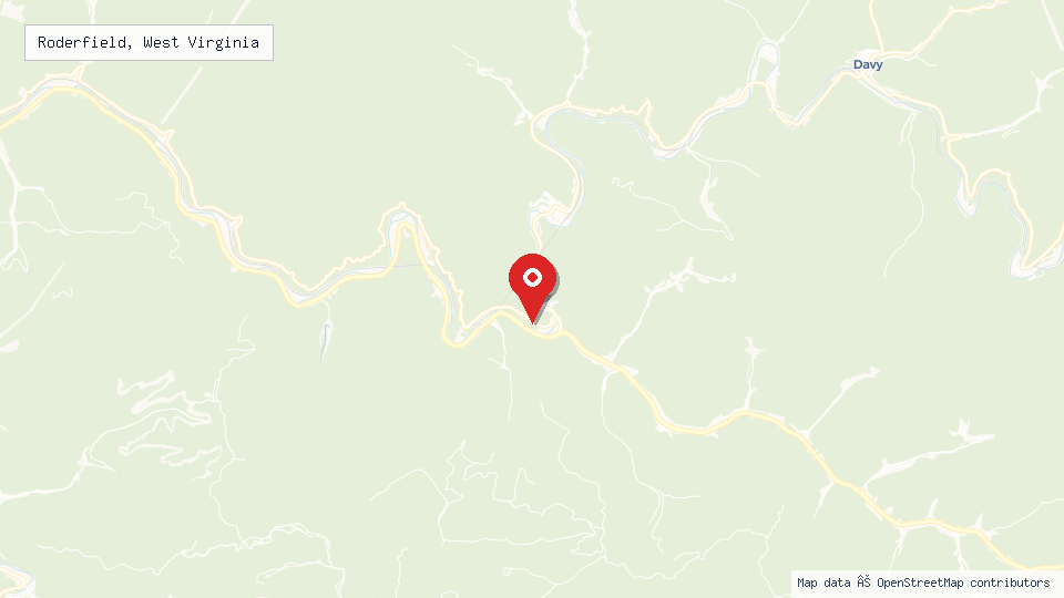 Street map of Roderfield, West Virginia with location pin