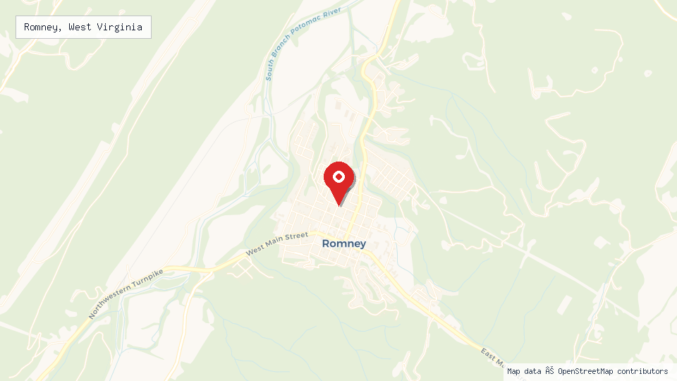 Street map of Romney, West Virginia with location pin