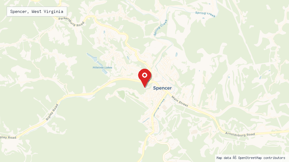 Street map of Spencer, West Virginia with location pin