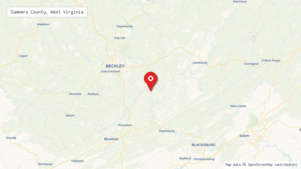 Street map of Summers County, West Virginia with location pin