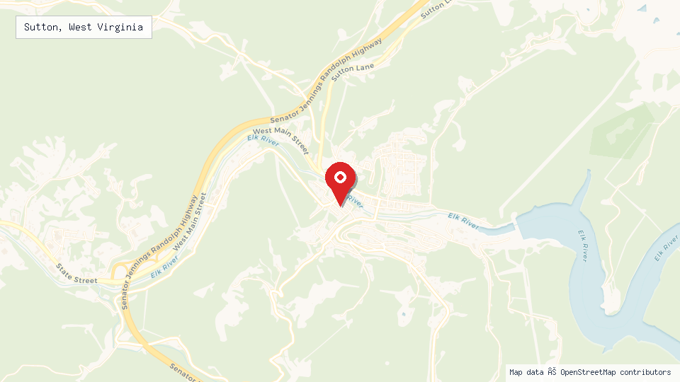 Street map of Sutton, West Virginia with location pin