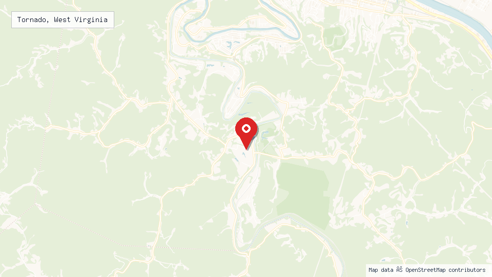 Street map of Tornado, West Virginia with location pin