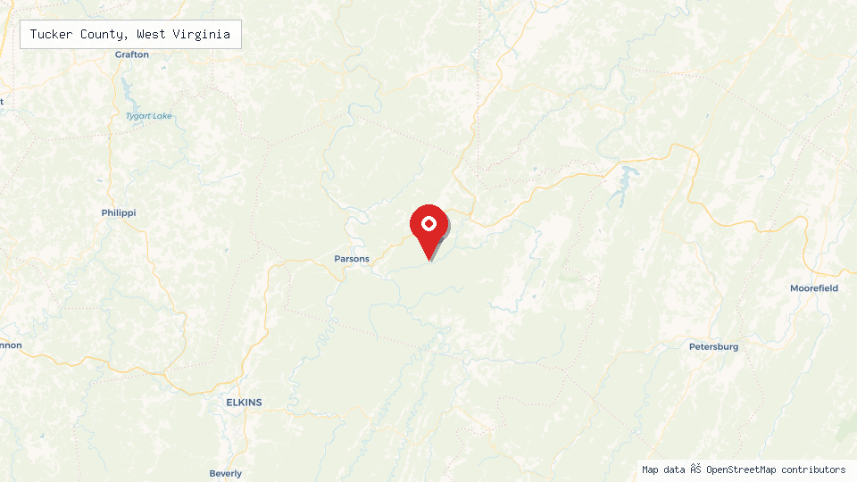 Street map of Tucker County, West Virginia with location pin