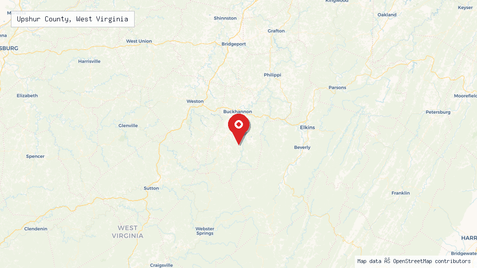 Street map of Upshur County, West Virginia with location pin