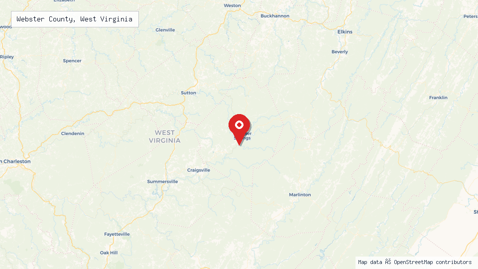 Street map of Webster County, West Virginia with location pin