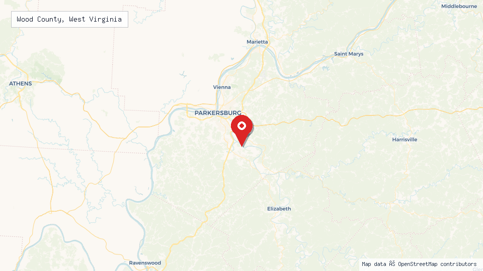 Street map of Wood County, West Virginia with location pin