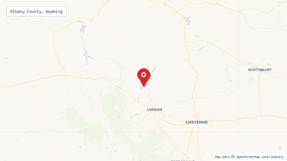 Street map of Albany County, Wyoming with location pin