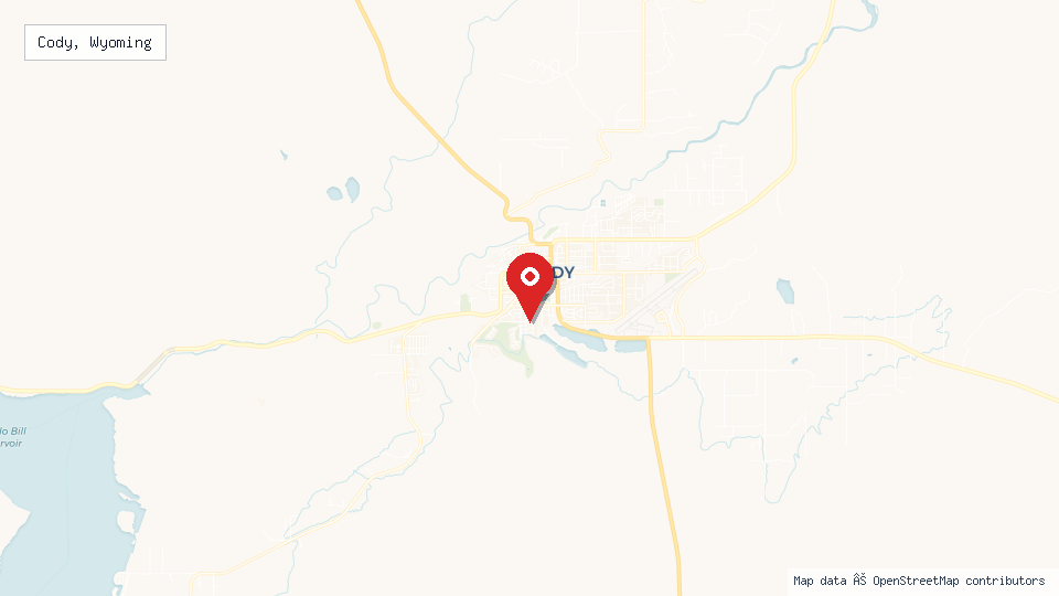 Street map of Cody, Wyoming with location pin