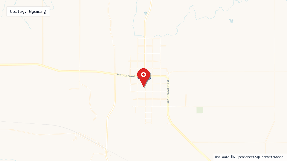 Street map of Cowley, Wyoming with location pin