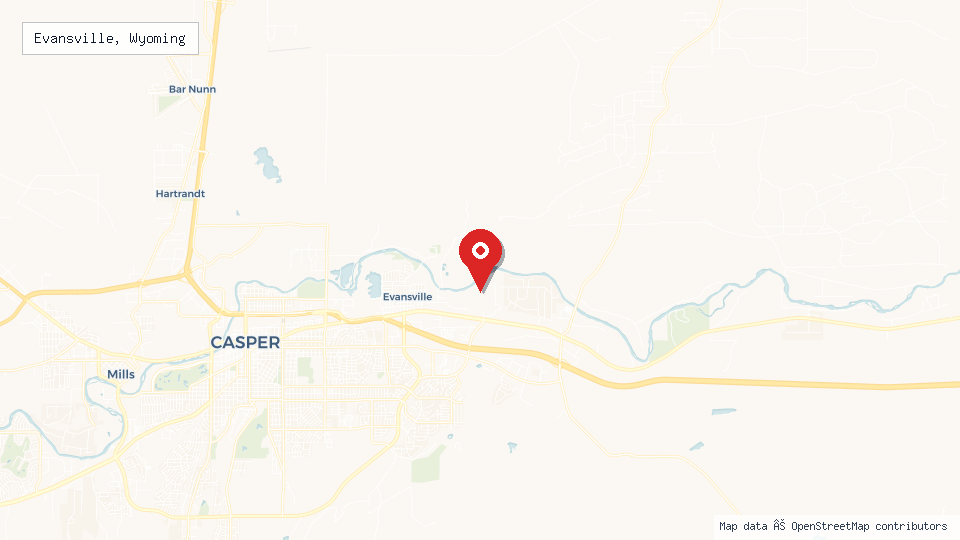 Street map of Evansville, Wyoming with location pin