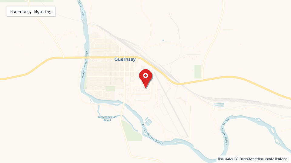 Street map of Guernsey, Wyoming with location pin