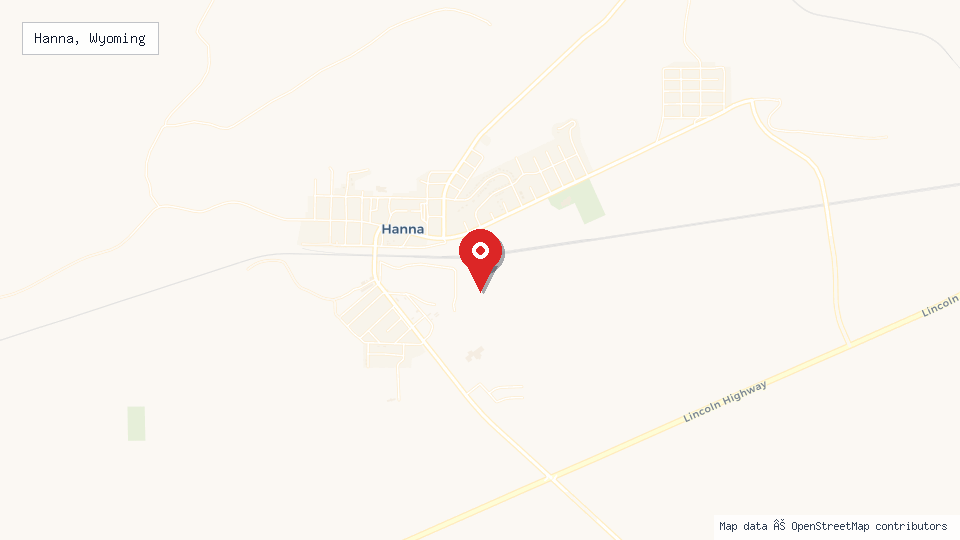 Street map of Hanna, Wyoming with location pin