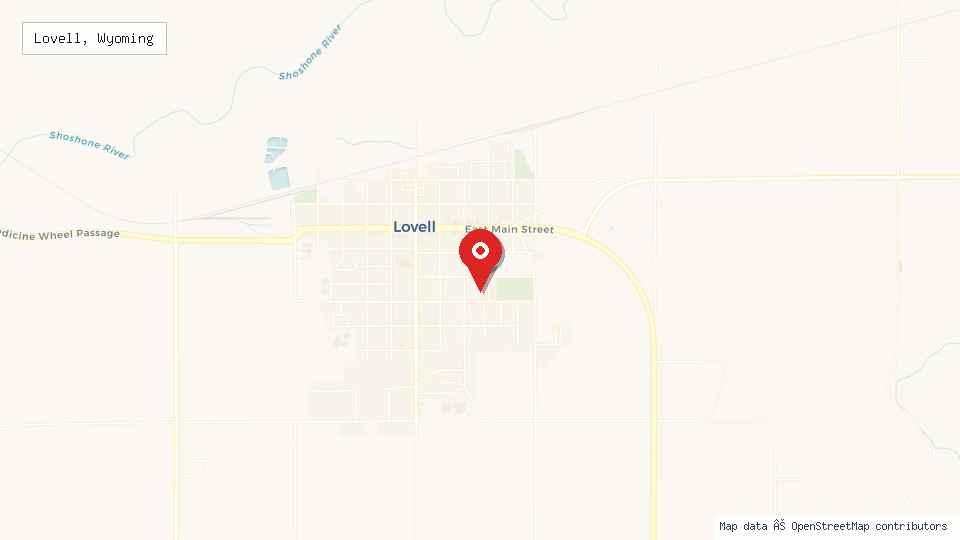 Street map of Lovell, Wyoming with location pin