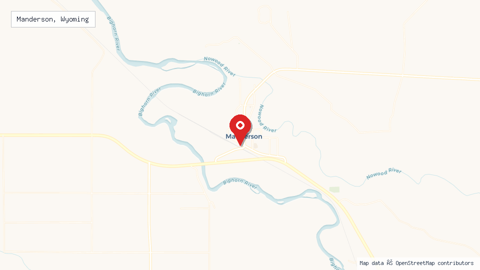 Street map of Manderson, Wyoming with location pin