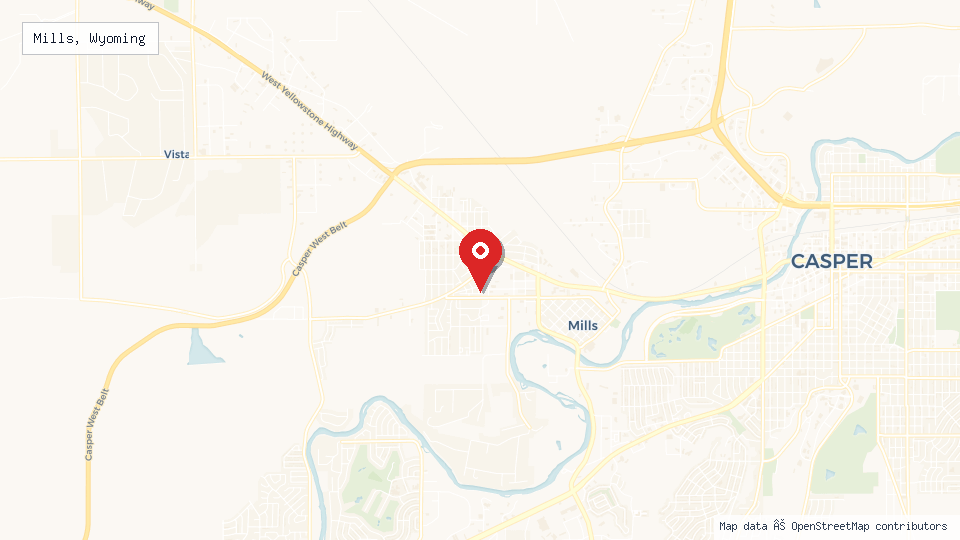 Street map of Mills, Wyoming with location pin