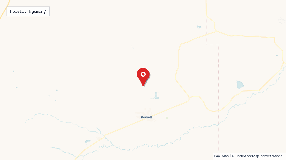 Street map of Powell, Wyoming with location pin