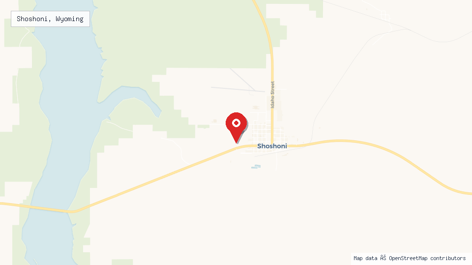 Street map of Shoshoni, Wyoming with location pin