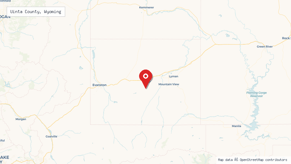 Street map of Uinta County, Wyoming with location pin