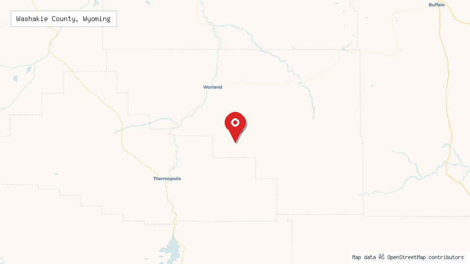 Street map of Washakie County, Wyoming with location pin